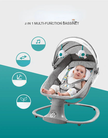 Baby sitting comfortably in gray electric multifunction rocking chair with toy mobile overhead on blue background