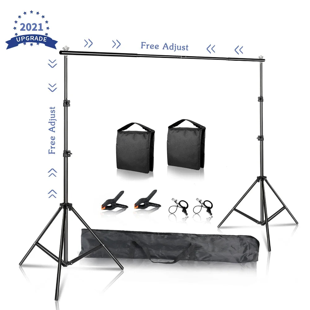 Adjustable aluminum backdrop support stand with clamps, clamps holders, and carrying bag on white background