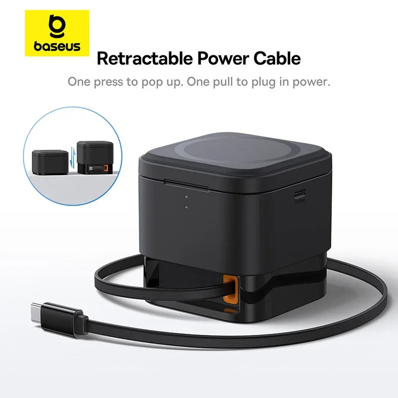 Black Baseus retractable power cable charger with USB-C connector and compact cube design on white background