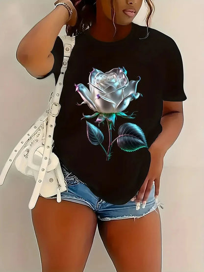 T-shirt rose graphique femme grande taille - Streetwear col rond