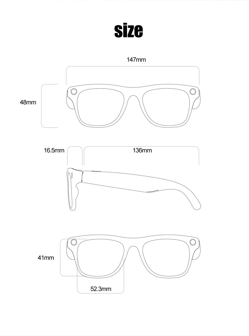 Technical line drawing of smart glasses displaying detailed frame dimensions in millimeters on a white background