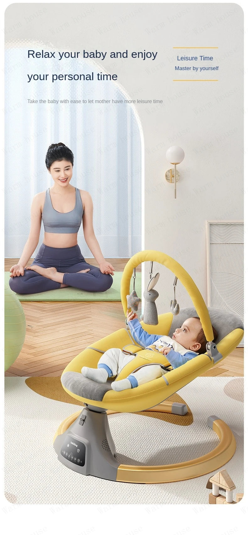 Baby reclining in a yellow electric rocking chair reaching for hanging toys with woman doing yoga nearby indoors