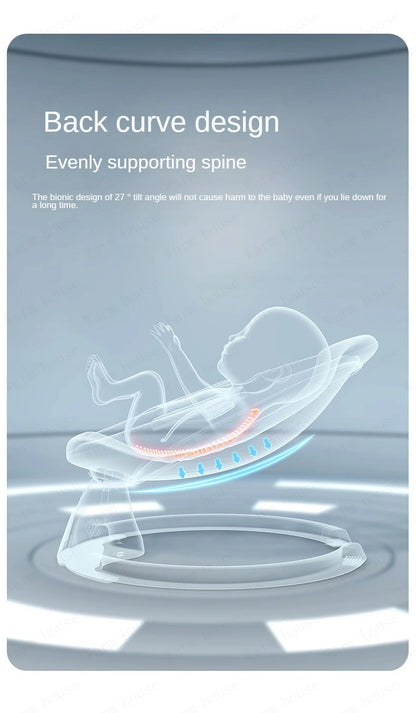 Transparent outline of baby in reclining baby rocker showing ergonomic back curve design supporting spine