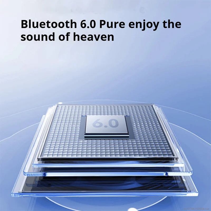 Close-up of layered digital chip with Bluetooth 6.0 text on a blue gradient background with promotional text above