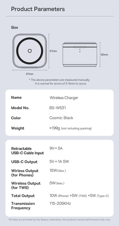 Technical diagram showing dimensions and specifications of Baseus BS-W531 wireless charger in cosmic black color