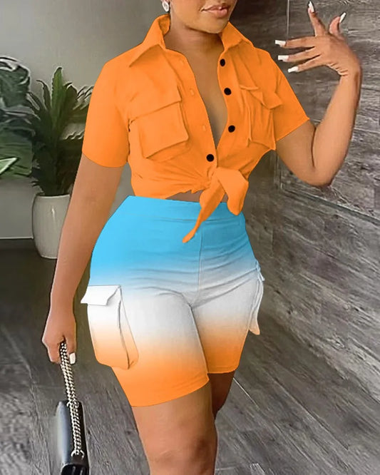 Woman wearing a two-piece summer outfit with an orange tied short-sleeve shirt and blue to orange ombre cargo shorts