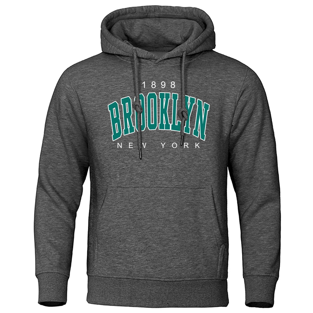 Gray men's urban hoodie with Brooklyn New York vintage print and adjustable drawstring hood on white background