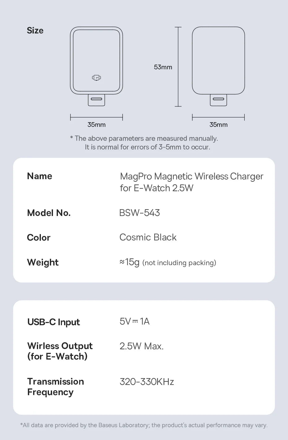 Technical diagram of MagPro Magnetic Wireless Charger for E-Watch showing dimensions and specifications in cosmic black color