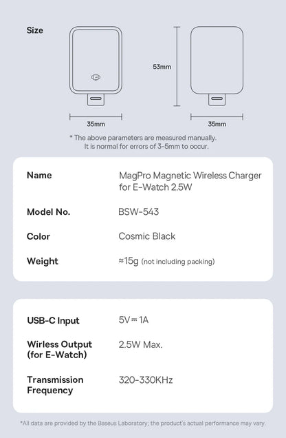 Technical diagram of MagPro Magnetic Wireless Charger for E-Watch showing dimensions and specifications in cosmic black color