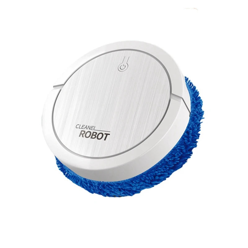 White round intelligent wet and dry cleaning robot with blue microfiber cleaning pad on a white background
