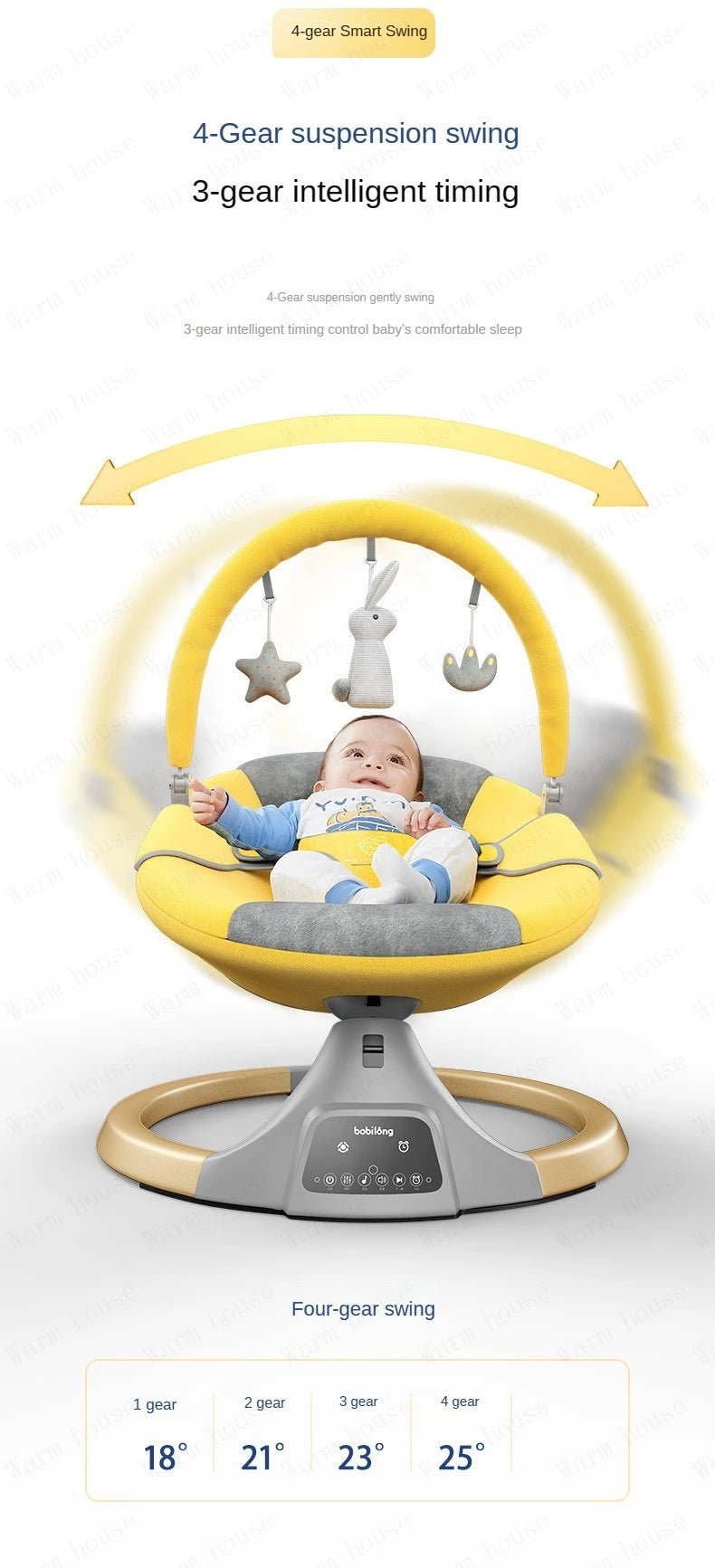 Baby resting in yellow and gray electric rocking chair with hanging toys and digital control panel