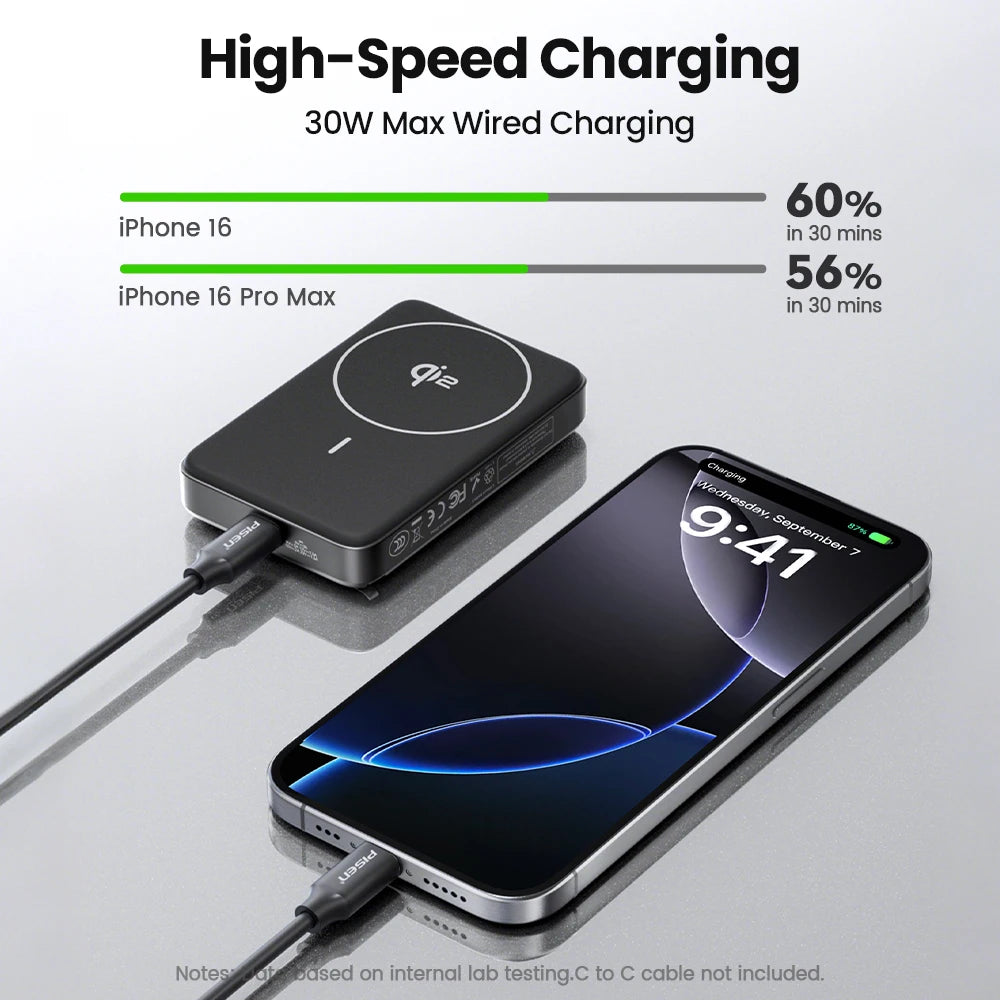 Black wireless charger connected by USB-C cable to iPhone 16 demonstrating 30W max wired charging speed percentages
