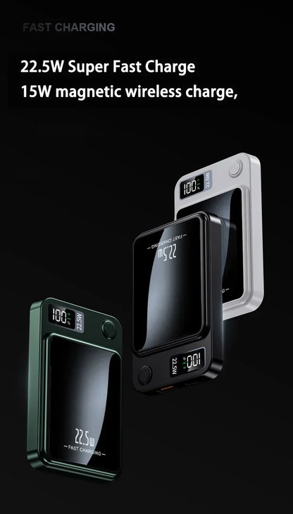 Three Xiaomi Mijia portable magnetic wireless chargers in black, white, and green with digital displays showing fast charging status