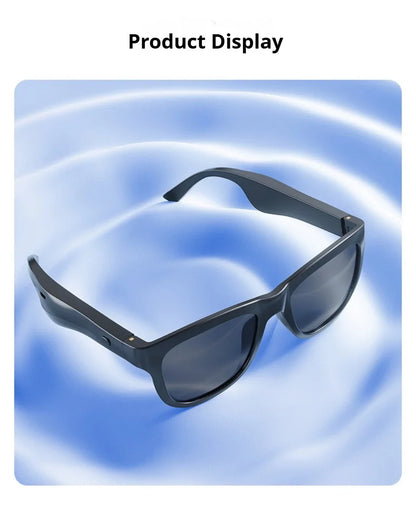 Black smart sunglasses with built-in earbuds and Bluetooth on a blue surface with light waves