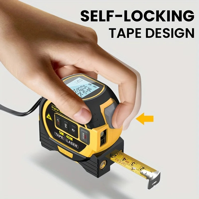 Hand holding yellow and black 3-in-1 digital laser tape measure with self-locking tape design on white background