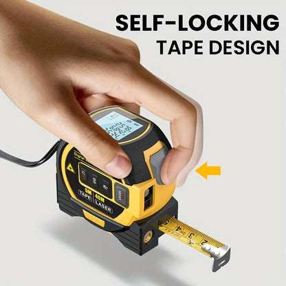 Hand holding yellow and black 3-in-1 digital laser tape measure with self-locking tape design on white background