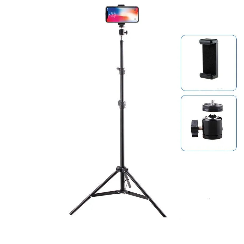 Black multifunctional phone tripod with adjustable legs and clip holder for video recording and selfies on a white background