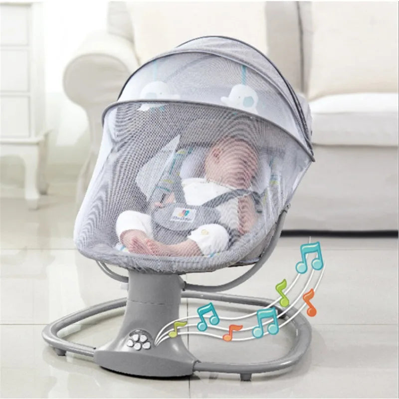 Baby sleeping peacefully in gray electric rocking chair with mesh canopy and musical notes on floor