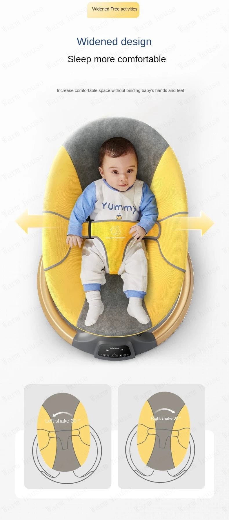 Baby sitting comfortably in a widened yellow and gray electric rocking chair with safety harness and wooden base