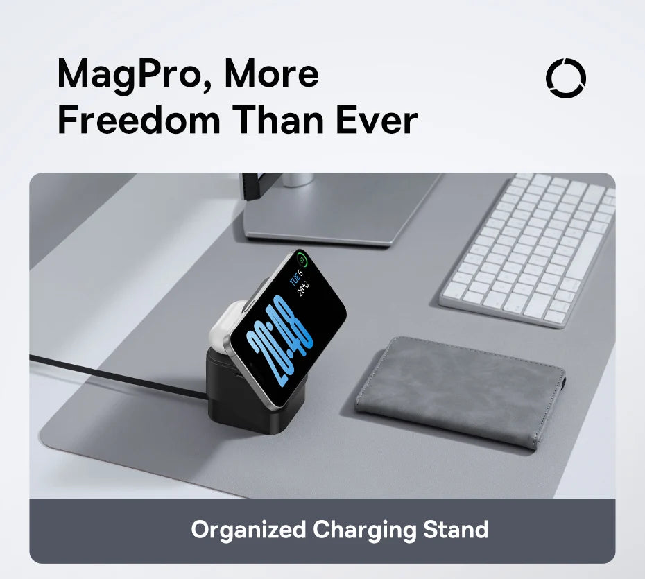 Wireless magnetic charging stand holding an iPhone in horizontal position on a gray desk near keyboard and wallet