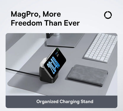Wireless magnetic charging stand holding an iPhone in horizontal position on a gray desk near keyboard and wallet