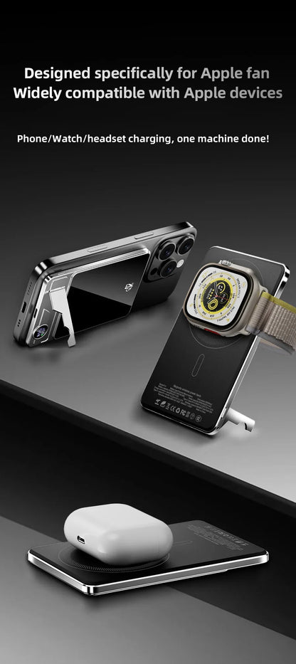 Black wireless magnetic power bank charging an iPhone, Apple Watch, and AirPods on a sleek dark surface