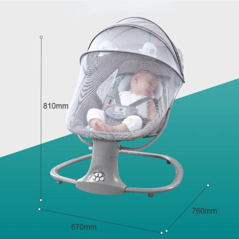 Baby lying in gray electric multifunctional rocking chair with mesh cover and safety straps on blue background