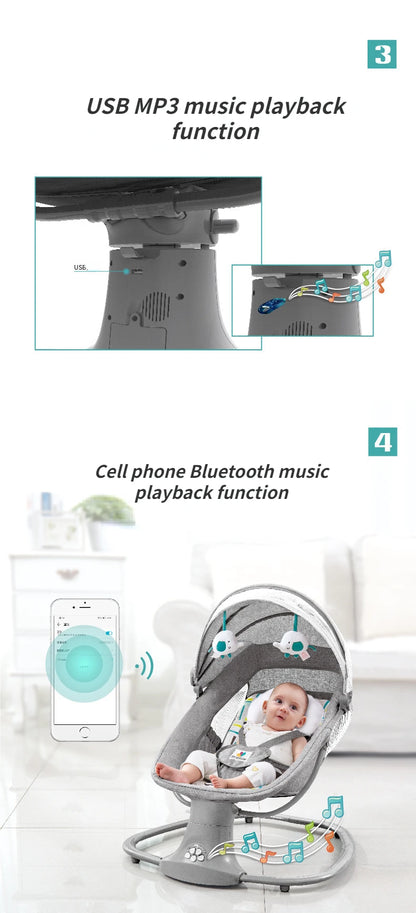 Gray multifunctional electric baby rocking chair with Bluetooth and USB music playback features and a seated baby inside