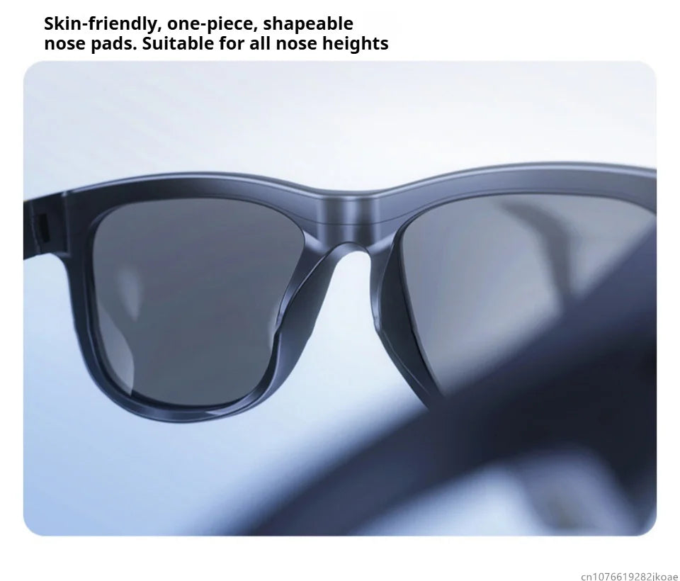 Close-up of black smart sunglasses featuring skin-friendly, shapeable one-piece nose pads for all nose heights