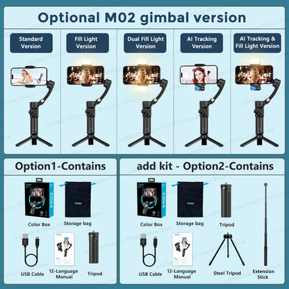 Five versions of M02 portable 3-axis smartphone gimbal with accessories including tripod, USB cable, and storage bag.