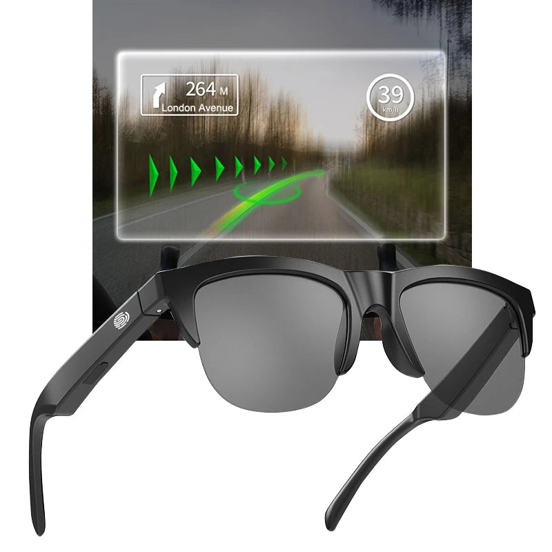 Black smart sunglasses with a transparent heads-up display showing navigation and speed on a blurred road background