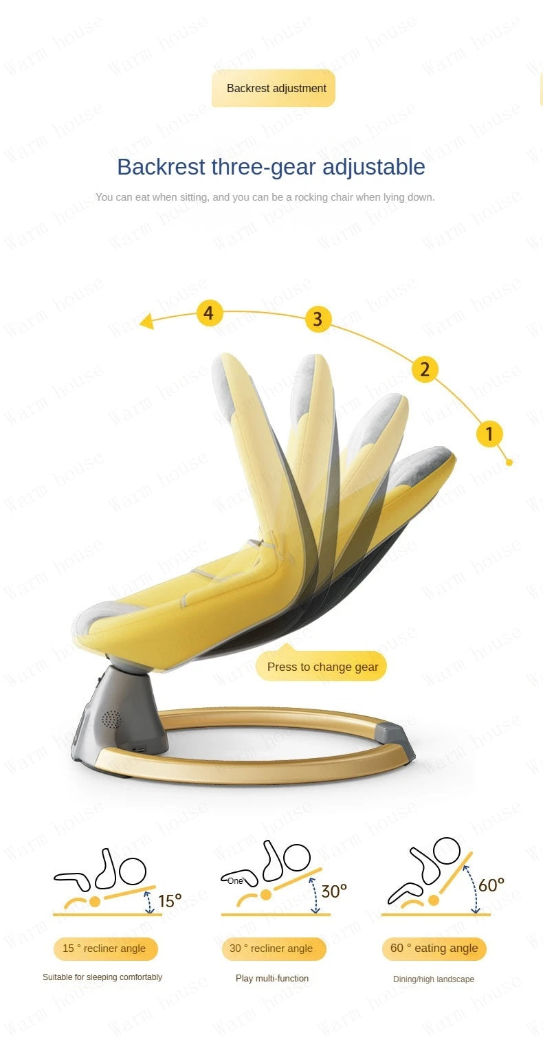 Yellow baby rocking chair with adjustable backrest showing recline angles for sleeping, playing, and eating functions