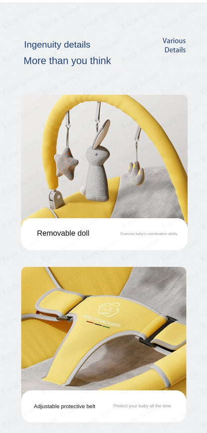Close-up of yellow baby chair with removable hanging toys and adjustable protective belt for safety and comfort