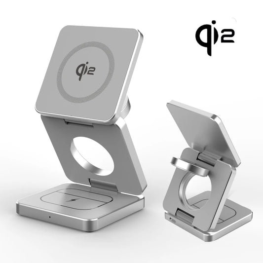 Silver foldable Qi2 3-in-1 magnetic wireless charger stand for iPhone, Apple Watch, and AirPods with 15W fast charging