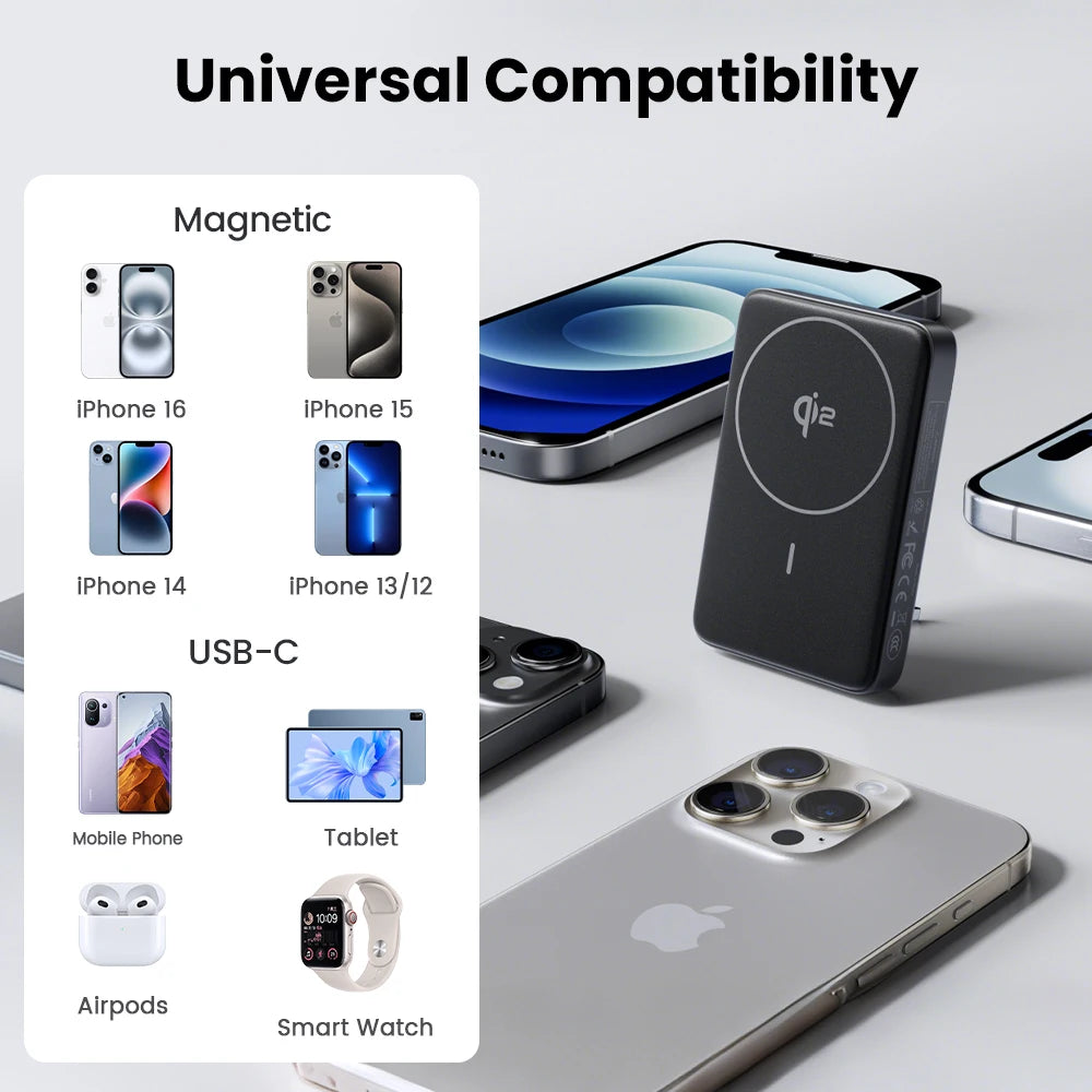 Black Pisen 30W Qi2 magnetic wireless power bank with stand and multiple device compatibility displayed on a light surface