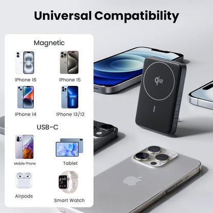 Black Pisen 30W Qi2 magnetic wireless power bank with stand and multiple device compatibility displayed on a light surface