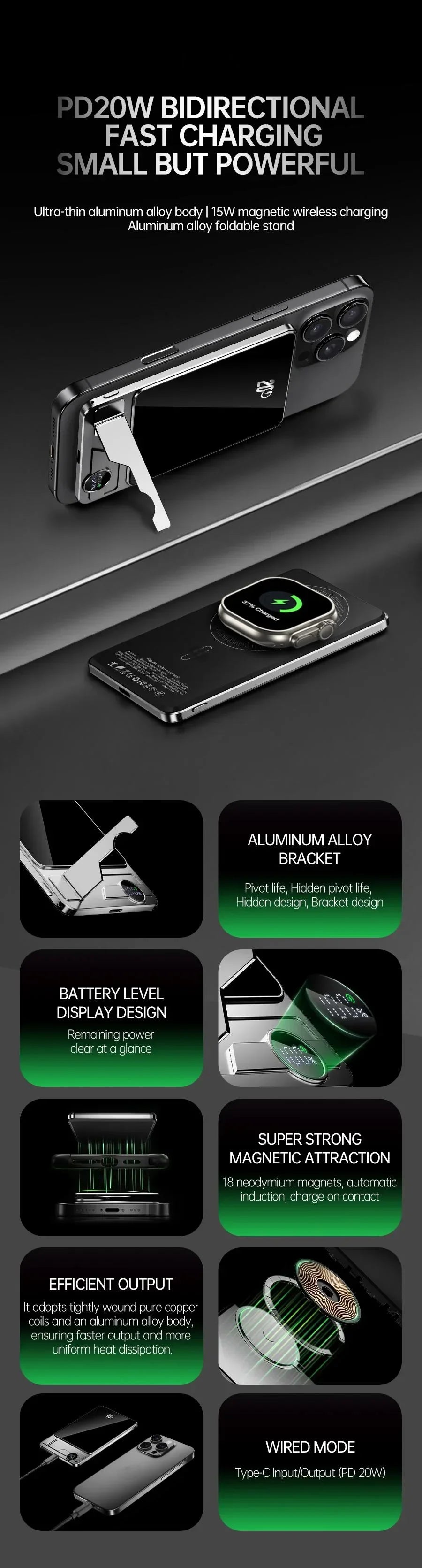 Black wireless power bank with aluminum alloy foldable stand charging a smartphone and smartwatch on a black background