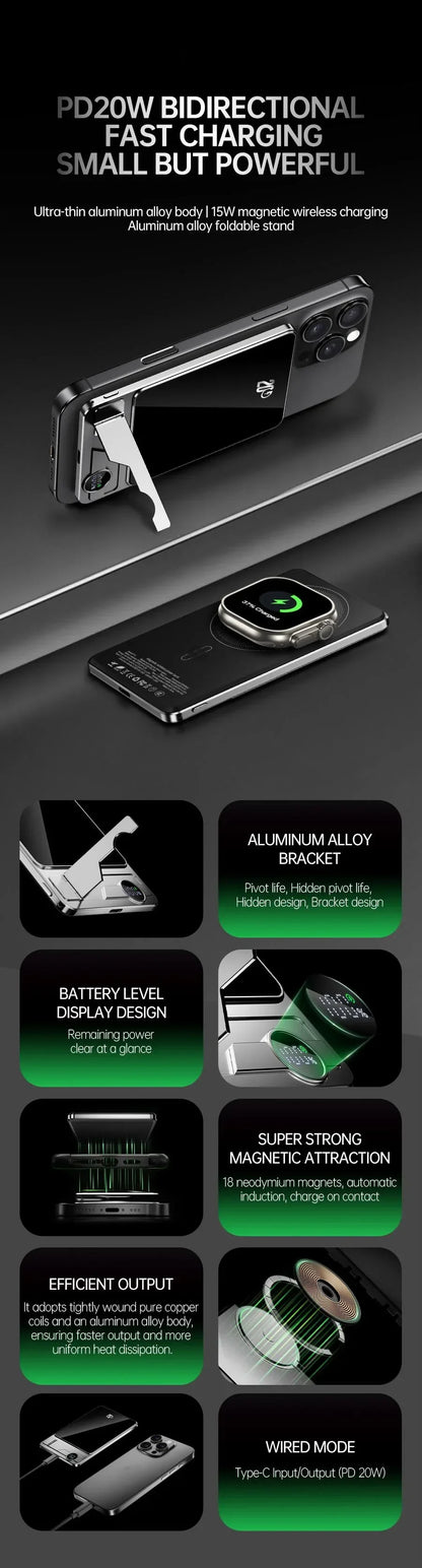 Black wireless power bank with aluminum alloy foldable stand charging a smartphone and smartwatch on a black background