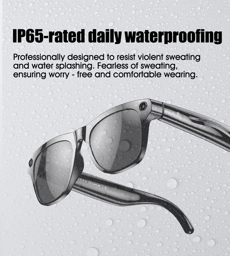 Smart glasses with IP65 waterproof rating shown with water droplets on a gray background and descriptive text above