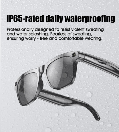 Smart glasses with IP65 waterproof rating shown with water droplets on a gray background and descriptive text above
