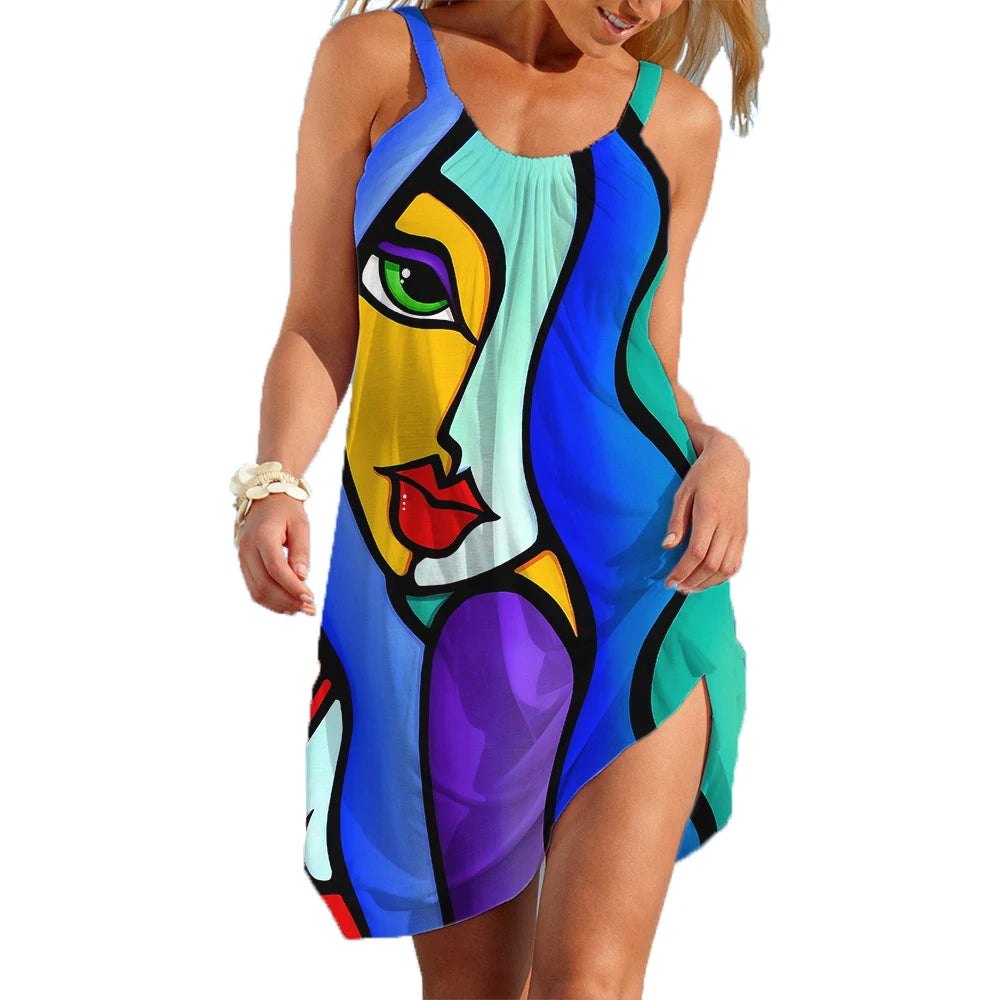 Woman wearing sleeveless summer dress with colorful artistic 3D abstract face print and side slit