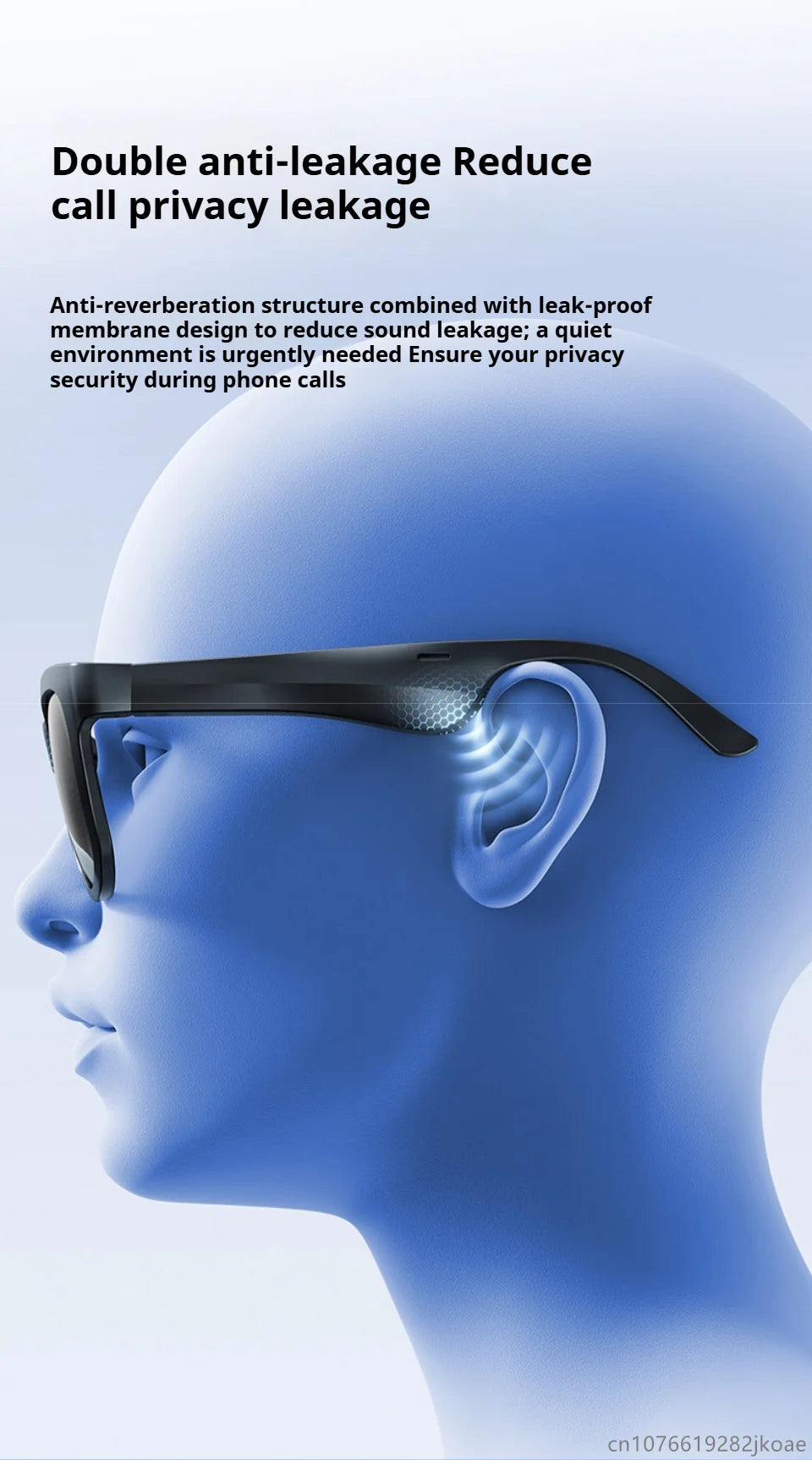 Side view of blue mannequin wearing OVO-1 smart sunglasses showcasing double anti-leakage call privacy feature