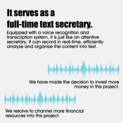 Text describing voice recognition and transcription feature showing sound waveforms and example transcribed sentences on a white background