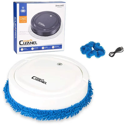 White automatic robot vacuum cleaner with blue microfiber brushes, extra pads, and USB charging cable displayed with packaging box