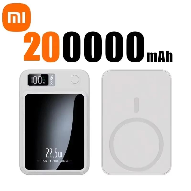 White Xiaomi Mijia 20000mAh portable charger with digital display and wireless fast charging panel shown front and back