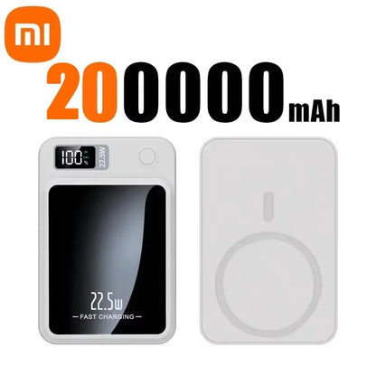 White Xiaomi Mijia 20000mAh portable charger with digital display and wireless fast charging panel shown front and back