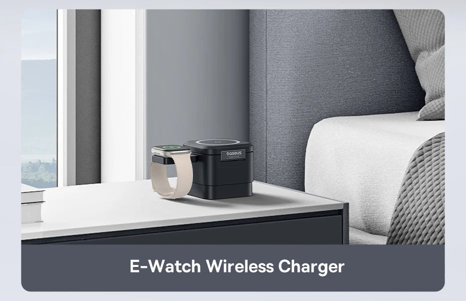 Black Baseus magnetic wireless 3-in-1 charger with Apple Watch placed on a bedside table in a modern bedroom.