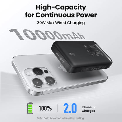 Black Pisen 30W Qi2 magnetic wireless power bank on silver iPhone showing 10000mAh capacity and 2 full charges indicator