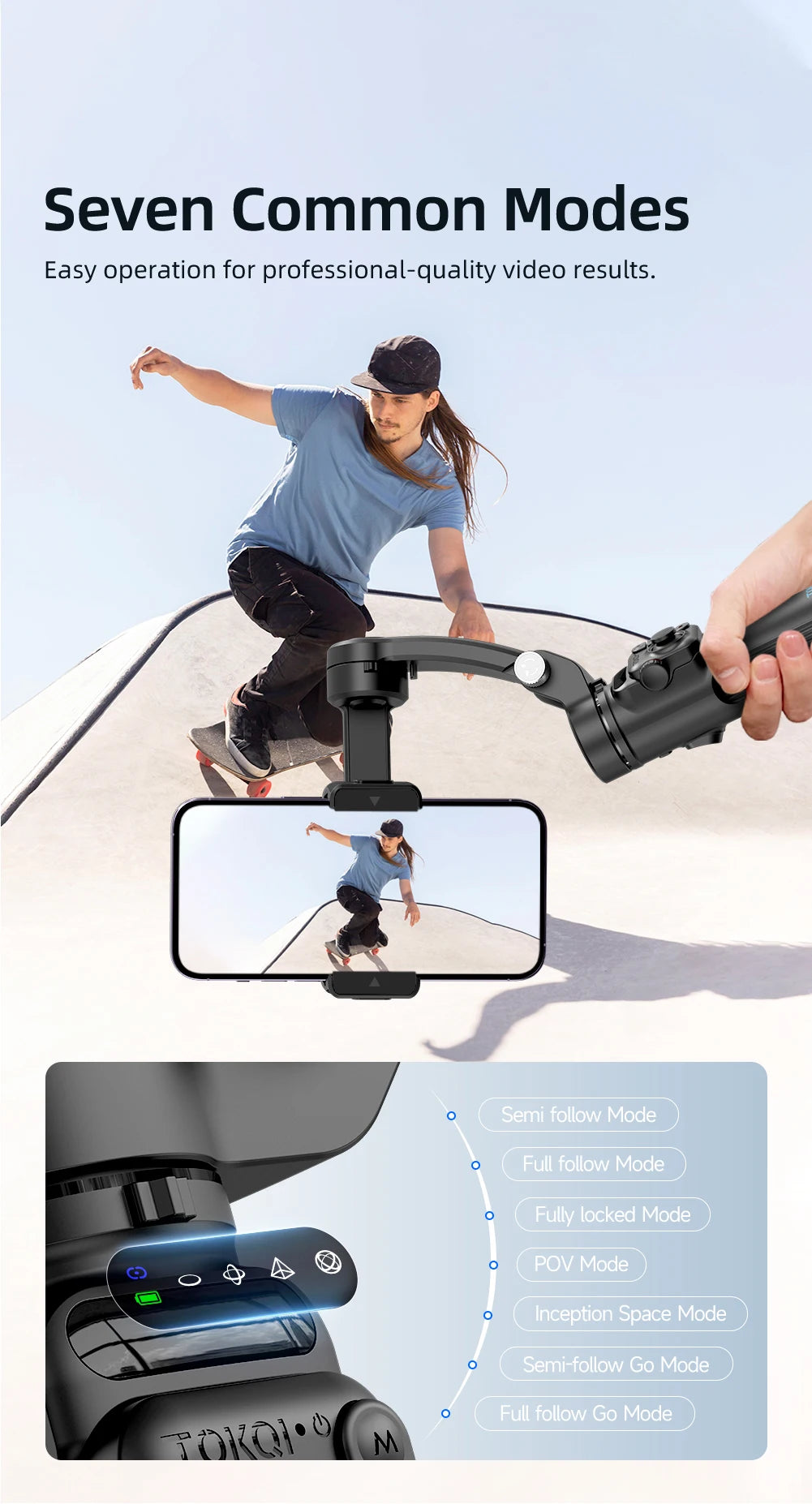 Handheld 3-axis smartphone gimbal stabilizer capturing a skateboarder with mode options displayed on screen panel
