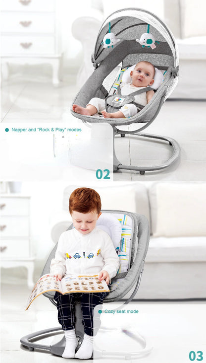 Baby sitting in a gray electric rocking chair with canopy and hanging toys in bright living room setting